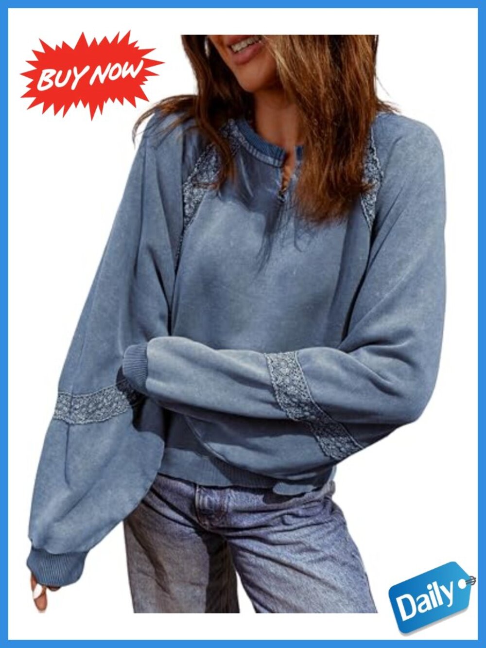Womens Cropped Sweatshirt Lace Crochet Notch Neck Pullover